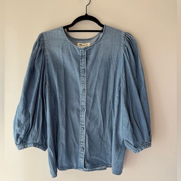 NWT Madewell Denim Puff-Sleeve Button-Up Top Size 12 - Picture 7 of 13